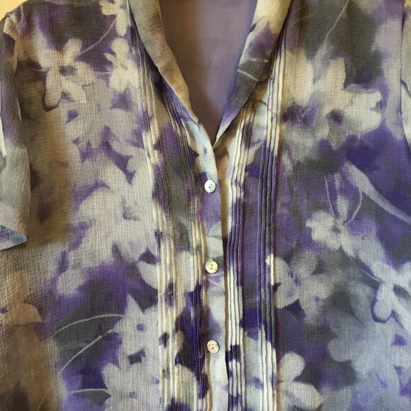 Vintage Y2K Chiffon Floral Watercolour Short Sleeve Button Up Pintuck Shirt - Picture 4 of 16